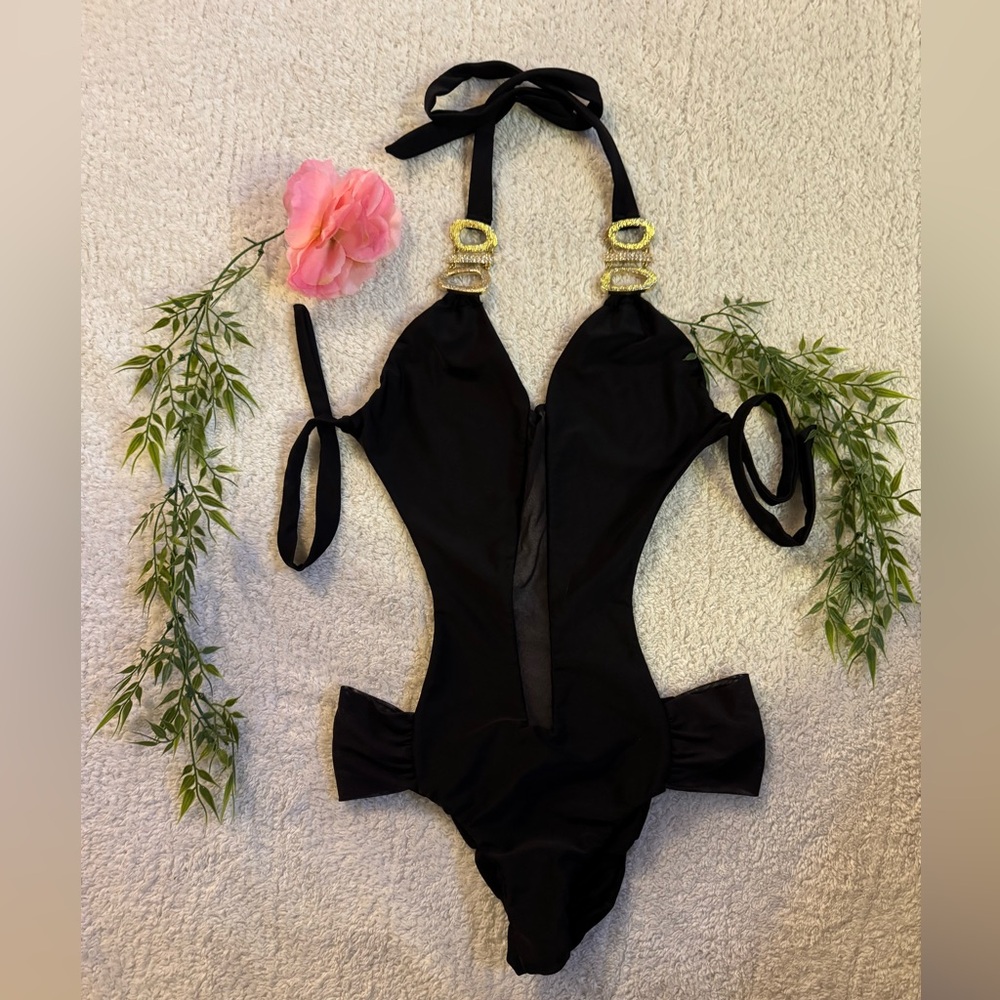 Beach Bunny Black Swimsuit with Gold Detail